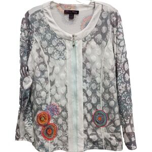 Elena Wang Wearable Art Jacket Womens Large‎ Abstract Embroidered Lace Zip Front